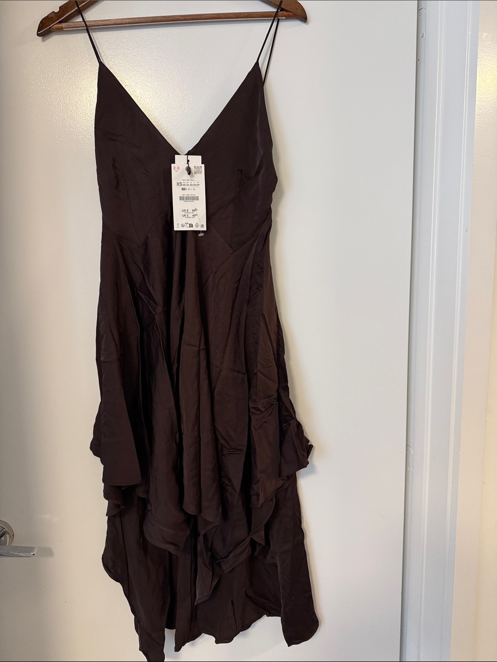 Zara Chocolate Brown Satin Asymmetrical Ruffle Maxi Dress – XS – NWT